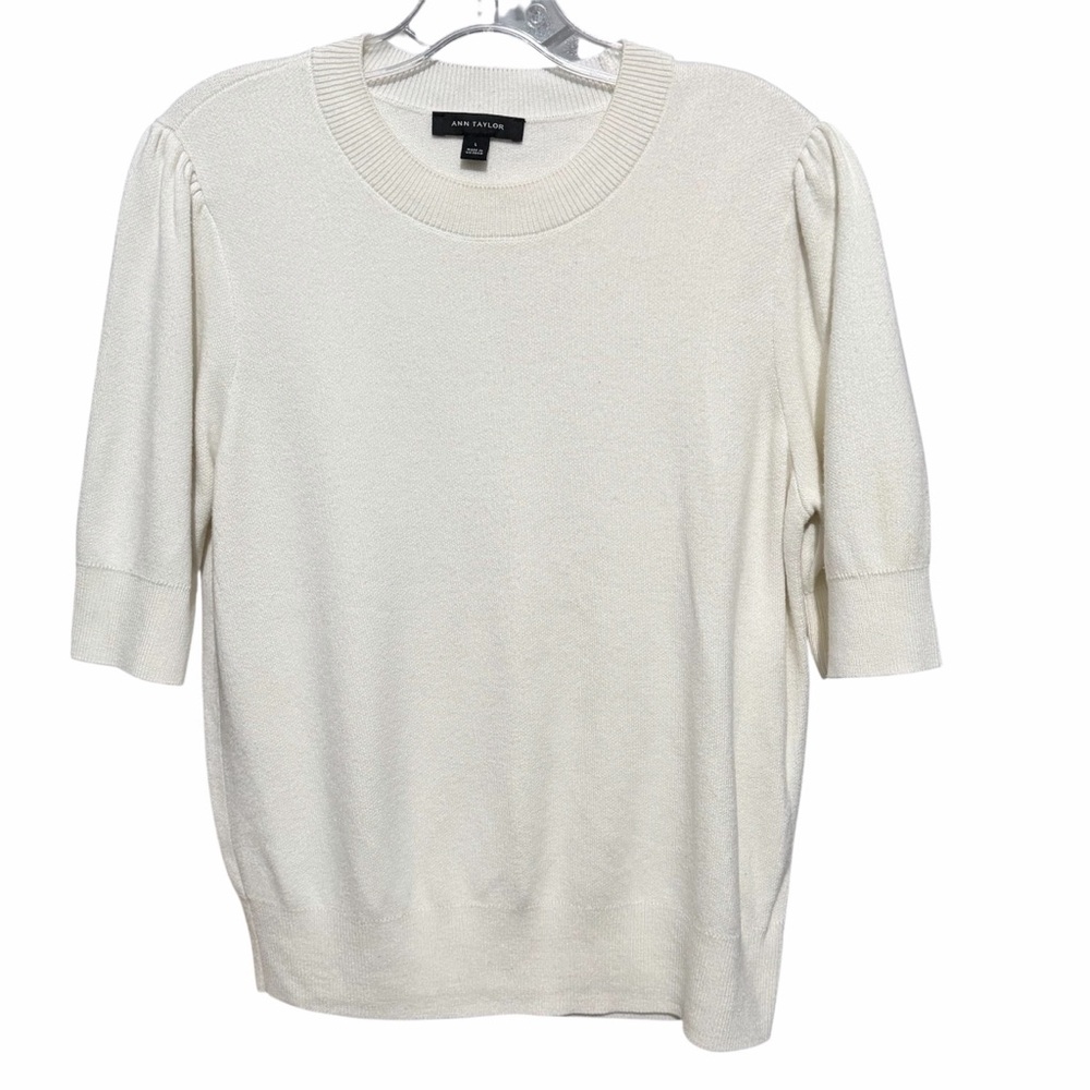 Ann Taylor Short Sleeve Classic Knit Crewneck Sweater Winter White Sz Large